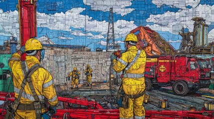 Construction site scene depicting workers in yellow safety gear engaged in a busy operation with machinery, colorful structures, and a clear blue sky in the background