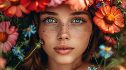 Feminine beauty wearing flower decor on her head in dreamy lighting