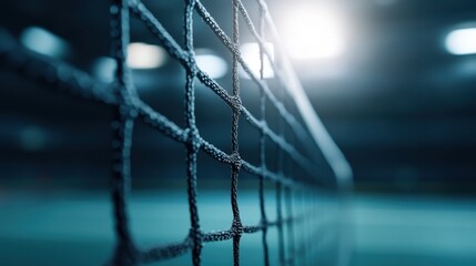 A close-up view of a tennis net in a dimly lit court, represents the seriousness of the game and the dedication of athletes preparing for their matches.