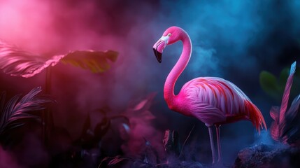 A striking pink flamingo stands majestically amidst a surreal backdrop of vivid colors and smoke, capturing a moment of artistic beauty and nature's elegance.