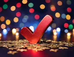 a glowing red check mark surrounded by small golden stars sits on a dark surface illuminated by colorful bokeh lights in the background