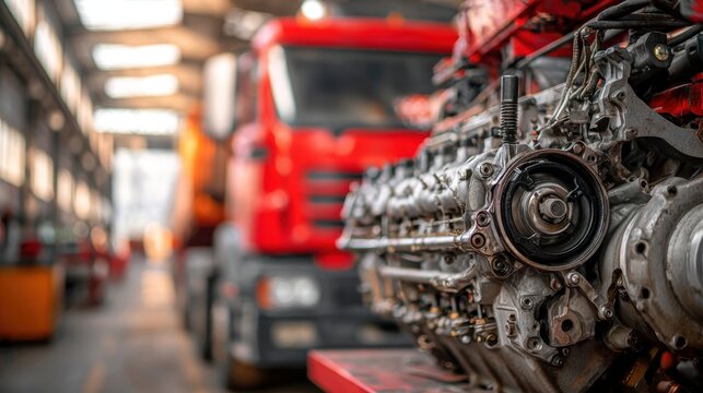 High-quality stock image of disassembled truck engine in repair service. Heavy machinery, diesel motor vehicle part close-up. Red truck blurred background. Maintenance, repair.