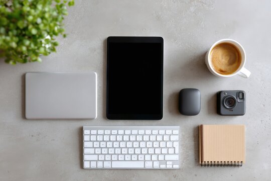 Modern office desk with tablet, laptop, keyboard, camera, coffee and notebook showing minimalist working space - Powered by Adobe