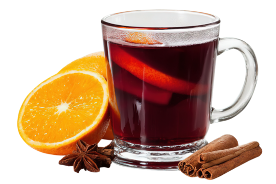 Warm Mulled Wine Aromatic Spices & Citrus in a Glass Mug on transparent background