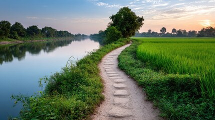 Obraz premium Rural pathway by river through rice paddy