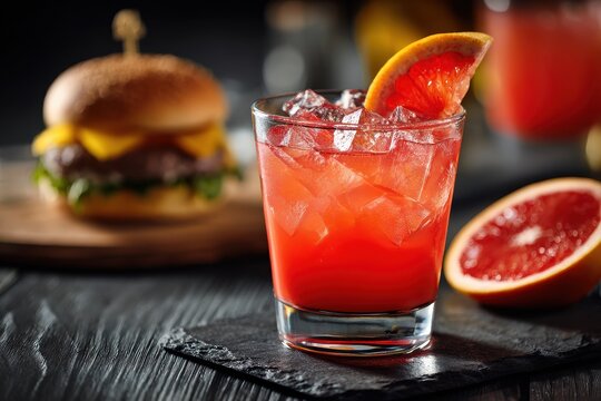 Beverages and meal Red citrus drink with orange grapefruit ice and a burger on a dark wooden table