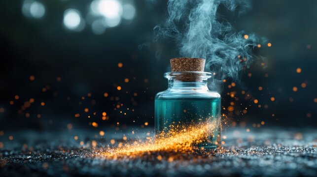 A mysterious glass bottle containing a turquoise elixir emits vapor and sparkles, suggesting magical properties. The enchanting atmosphere draws the eye and sparks curiosity about its use.