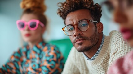 Obraz premium A serious man in fashionable glasses gazes thoughtfully while flanked by two brightly dressed women, showcasing a vibrant social atmosphere filled with style and expression.