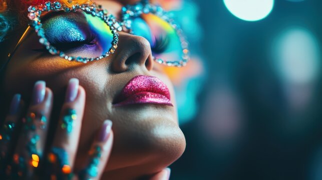 A close-up shot of a glamorous woman showcasing colorful makeup and sparkling accessories, exuding confidence and vibrant energy in a lively atmosphere. Celebrate beauty.