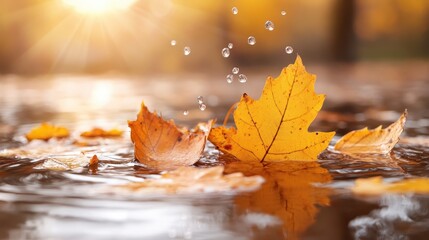 An autumn leaf gracefully splashes into a serene water surface, capturing the essence of seasonal change and nature's beauty in a tranquil, reflective environment.