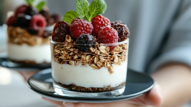 A beautifully served glass of yogurt layered with granola and fresh berries, emphasizing a healthy and appealing dessert option perfect for breakfast or snacks.