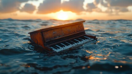 A vintage piano gently floats on the waves under a stunning sunset, symbolizing nostalgia and creativity, evoking emotions of longing and inspiration in a unique setting.