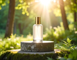 Perfume Bottle on Stone Podium in Forest