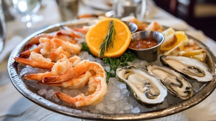 Fresh Seafood Platter with Oysters, Shrimp, and Lemon on Ice