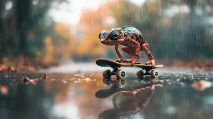 A vibrant orange and blue frog shows off its skateboarding skills on a rainy day, captured while it balances on a skateboard over a reflective surface in nature.