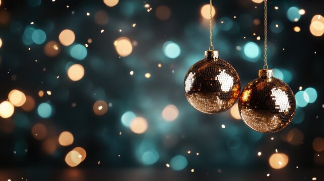 Two dazzling disco balls gleam against a dark backdrop, encapsulating the festive spirit and excitement of a party atmosphere with sparkling reflections. - Powered by Adobe