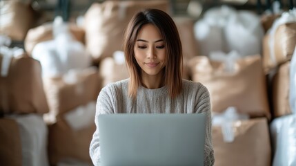 A woman engaged with her laptop in a warehouse setting represents the convergence of technology and traditional commerce, highlighting modern work environments and dedication.