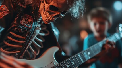 A skeleton playing guitar on stage delivers a unique artistic expression, combining themes of life and death with rock music, captivating the audience's attention and imagination.