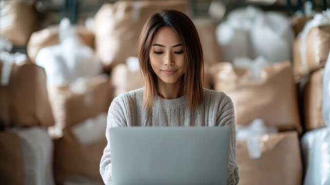 A woman engaged with her laptop in a warehouse setting represents the convergence of technology and traditional commerce, highlighting modern work environments and dedication.