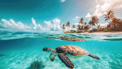 Tropical sea turtle swimming over a shallow, pristine reef.  Ocean, island, and sky meet in a vibrant scene