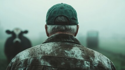A weathered farmer stands in a misty field, his back to the camera as he observes dairy cows, conveying a sense of hard work, dedication, and rural life.