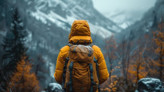 A solitary hiker clad in a bright yellow jacket stands before majestic mountains, capturing the essence of adventure and the beauty of nature in winter's embrace.