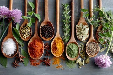 Various herbs and spices in wooden spoons forming a colorful composition