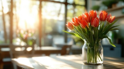 A beautiful arrangement of orange tulips is displayed in a glass vase, glowing warmly in the sunlight, symbolizing joy, beauty, and the arrival of spring.
