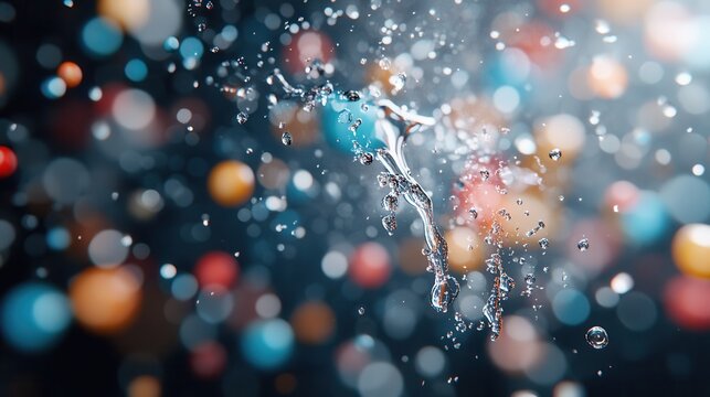 An artistic capture of a water splash amid a backdrop of vibrant, colorful bokeh lights, representing freshness, energy, and a sense of wonder through dynamic movement and visual appeal.