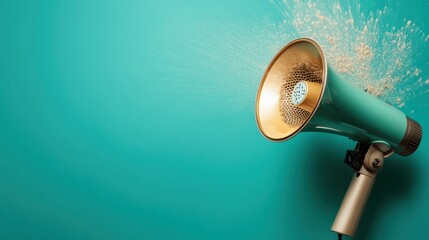 A vintage-style megaphone bursting with vibrant colors against a smooth aqua background, symbolizing communication and creativity in a retro modern artistic style.