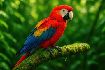 Fototapeta premium Scarlet Macaw with vibrant plumage on mossy tree branch