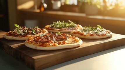 A wooden board holds several artisan pizzas topped with fresh ingredients, beautifully captured in soft natural light, showcasing culinary artistry and inviting appetite.