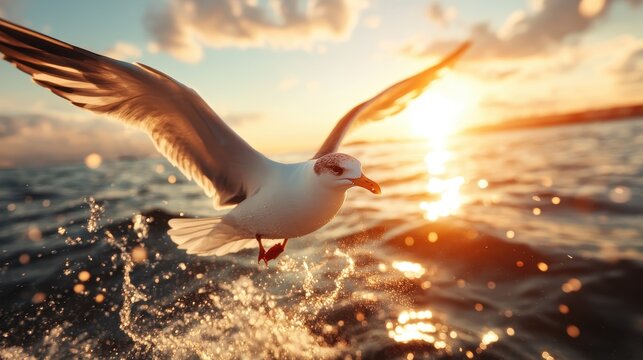 A dynamic image of a seagull soaring over shimmering waters during sunset, capturing the essence of freedom, nature, and beauty in a breathtaking moment of flight.