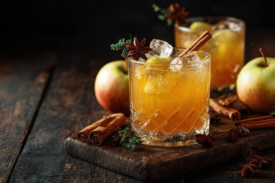 Autumn drinks with maple syrup strong cocktails and non alcoholic apple cider mocktails featuring liqueurs and spices set against a dark wooden backdrop
