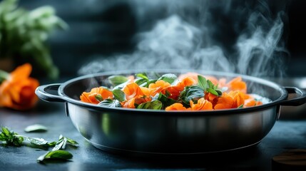 A steaming pot filled with colorful vegetables like carrots and fresh herbs creates a delightful culinary scene evoking warmth and home-cooked meals.