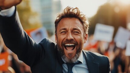 A jubilant man with a beard is joyously cheering in a crowd filled with excited people, capturing the thrill and energy of a lively outdoor event or celebration.