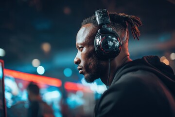 Esports concept Profile of a concentrated African male gamer with headphones competing in a tournament