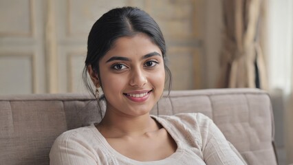 Laughing young Asian woman in white top and earrings sitting on a couch indoors with her hands clasped together, looking happy and content.