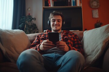 Obraz premium A young man wearing headphones and listening to music in a comfortable setting, relaxing on a couch.