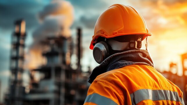 This powerful image features a worker in a hard hat gazing at an industrial skyline during sunset, symbolizing dedication, labor, and the human spirit in challenging environments.
