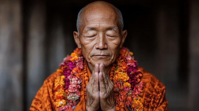 An elderly monk dressed in vibrant orange robes is praying with closed eyes, surrounded by colorful flowers, symbolizing peace, spirituality, and deep introspection.