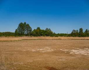 Landscape with the bottom of a dried lake and cracked earth