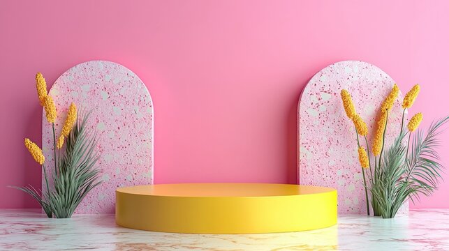 A vibrant, minimalist display podium scene. A round, glossy yellow cylinder sits on a marbled white and beige surface, surrounded by a soft pink background, 