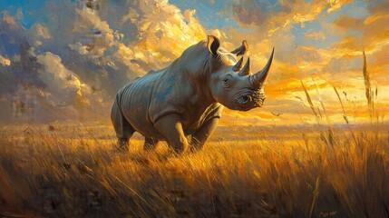 Obraz premium A powerful rhinoceros, Renaissance painting style, standing in a savanna, golden hour lighting, with a dramatic sky and tall grass