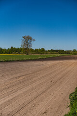 A rural landscape with a plowed empty field at the beginning of spring