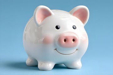 Cheerful ceramic piggy bank on a blue background