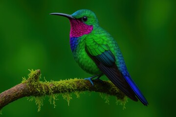 Fototapeta premium Vibrant hummingbird perched on mossy branch in green forest