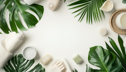 Natural Spa and Skincare Products with Green Tropical Leaves on White Background – Wellness Flat Lay
