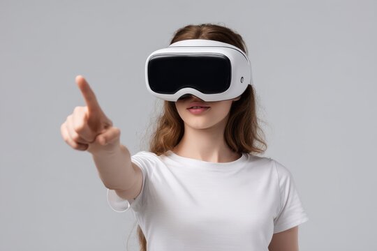 Teen girl in VR headset engages with a video game gesturing towards empty space on a gray backdrop Cyber world promotional graphic idea