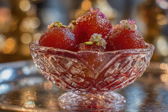 Gulab Jamun in an elegant crystal dish